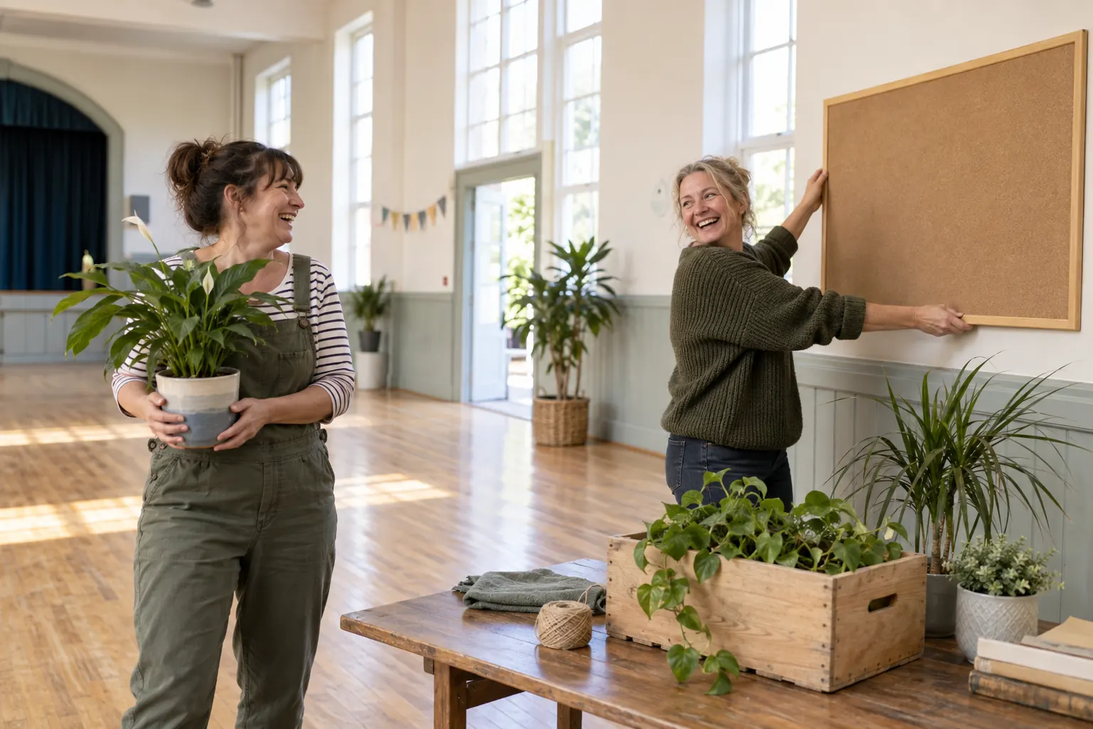Two laughing organisers for Queen Elizabeth Trust community spaces