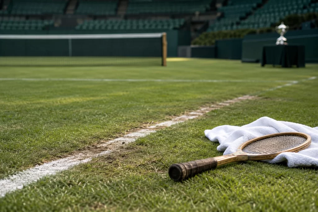 A worn grass tennis baseline leads past a wooden racket and towel to an empty court with a silver cup.