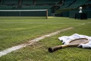 A worn grass tennis baseline leads past a wooden racket and towel to an empty court with a silver cup.