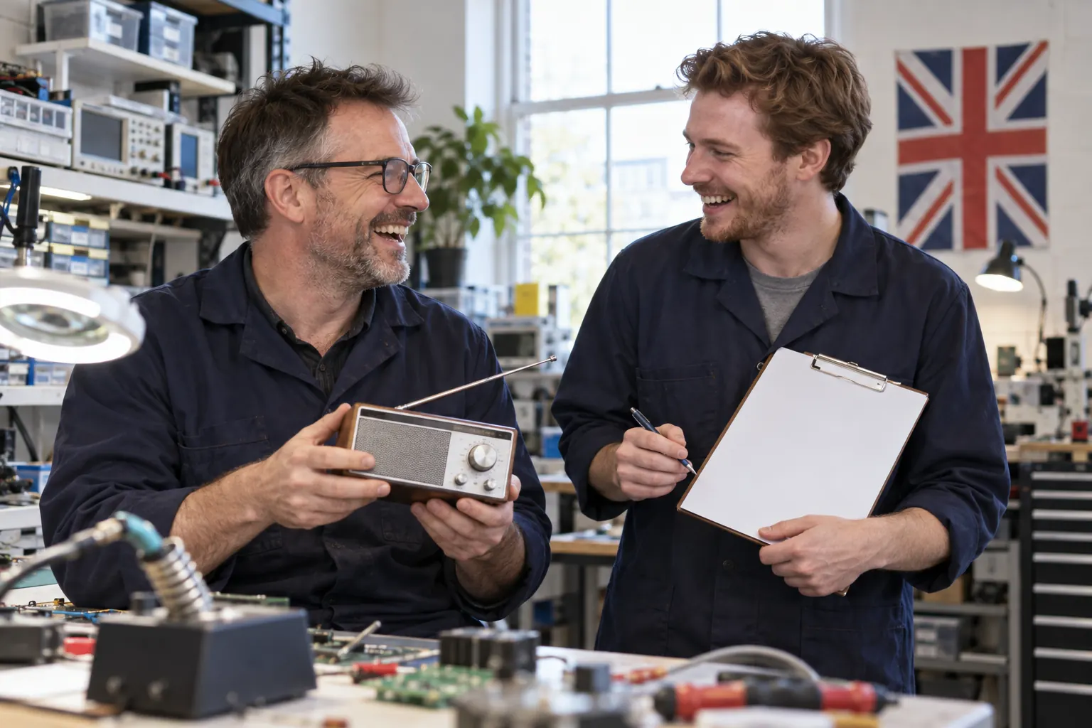 Two laughing technicians for radiofrequency jammers call evidence