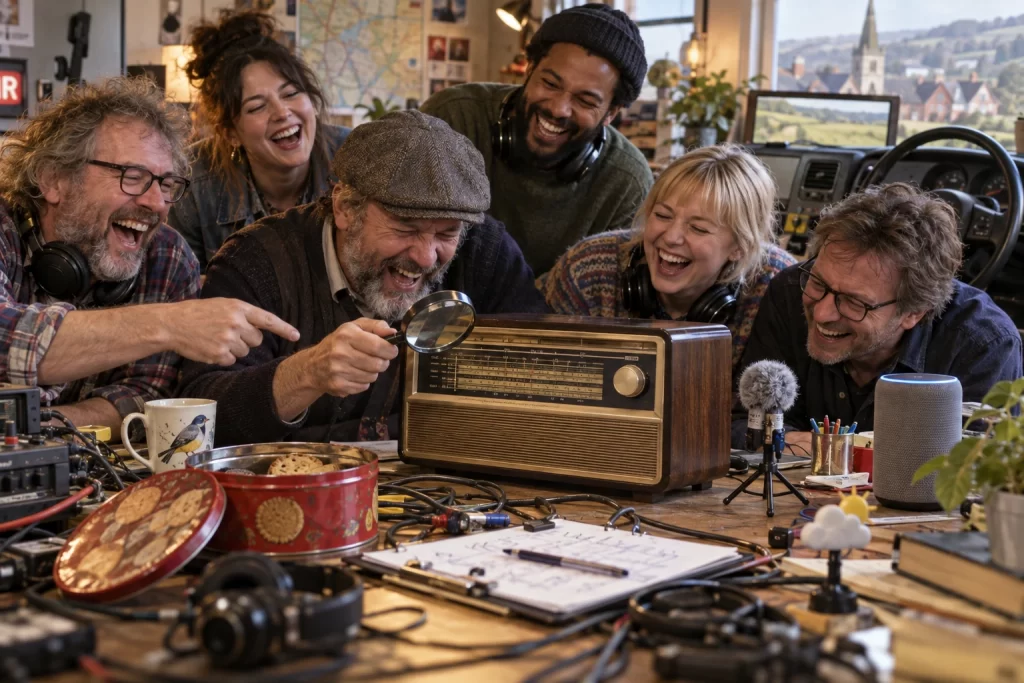 Six fictional adult radio presenters and engineers visibly laughing while inspecting an old FM radio with a magnifying glass in a cluttered studio.
