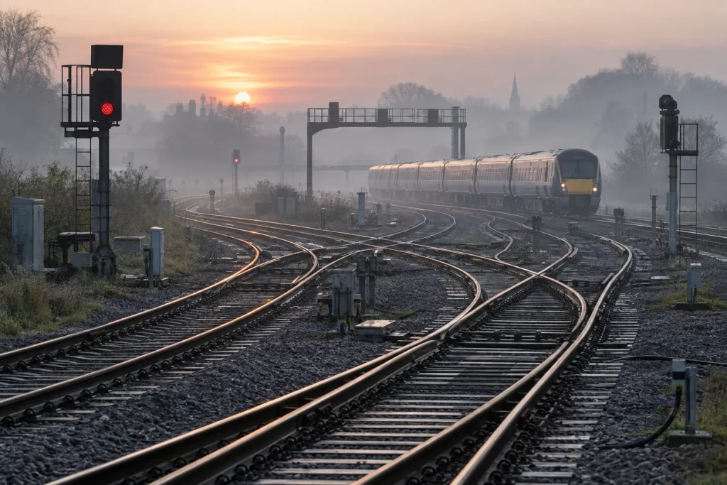A passenger train approaches a complex rail junction at dawn through light mist.