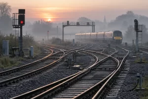 A passenger train approaches a complex rail junction at dawn through light mist.