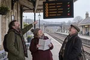 Three fictional railway passengers laugh beneath a generic departure board with abstract punctuality marks at an empty English station.