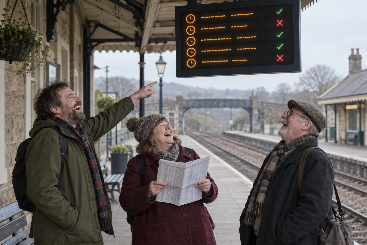 Three fictional railway passengers laugh beneath a generic departure board with abstract punctuality marks at an empty English station.