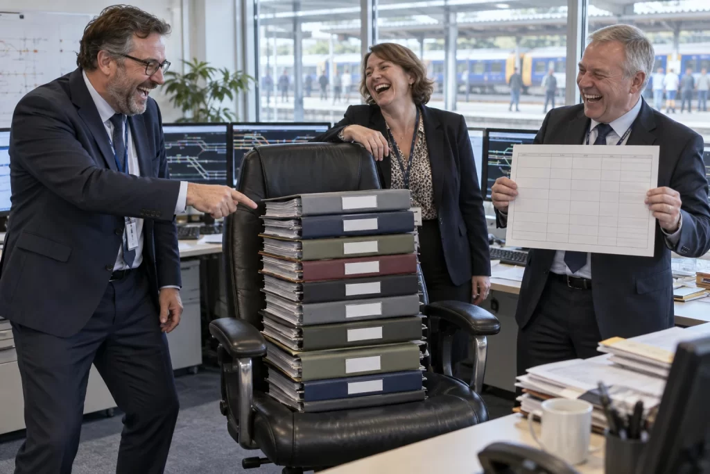 Three fictional adult railway administrators visibly laughing around an oversized chair covered in railway folders inside a railway operations office, with a distant platform behind them.