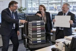 Three fictional adult railway administrators visibly laughing around an oversized chair covered in railway folders inside a railway operations office, with a distant platform behind them.