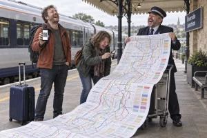 Two fictional rail passengers and a ticket inspector laugh beside an enormous unfolding fare chart while a passenger displays a phone barcode.