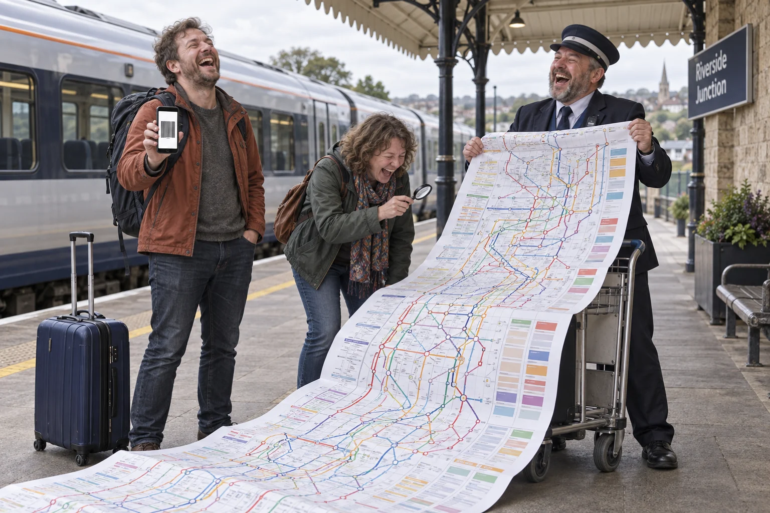 Two fictional rail passengers and a ticket inspector laugh beside an enormous unfolding fare chart while a passenger displays a phone barcode.