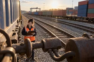 Original editorial photograph of a laughing rail worker with a blank clipboard in a sunlit freight yard, with no logos or text