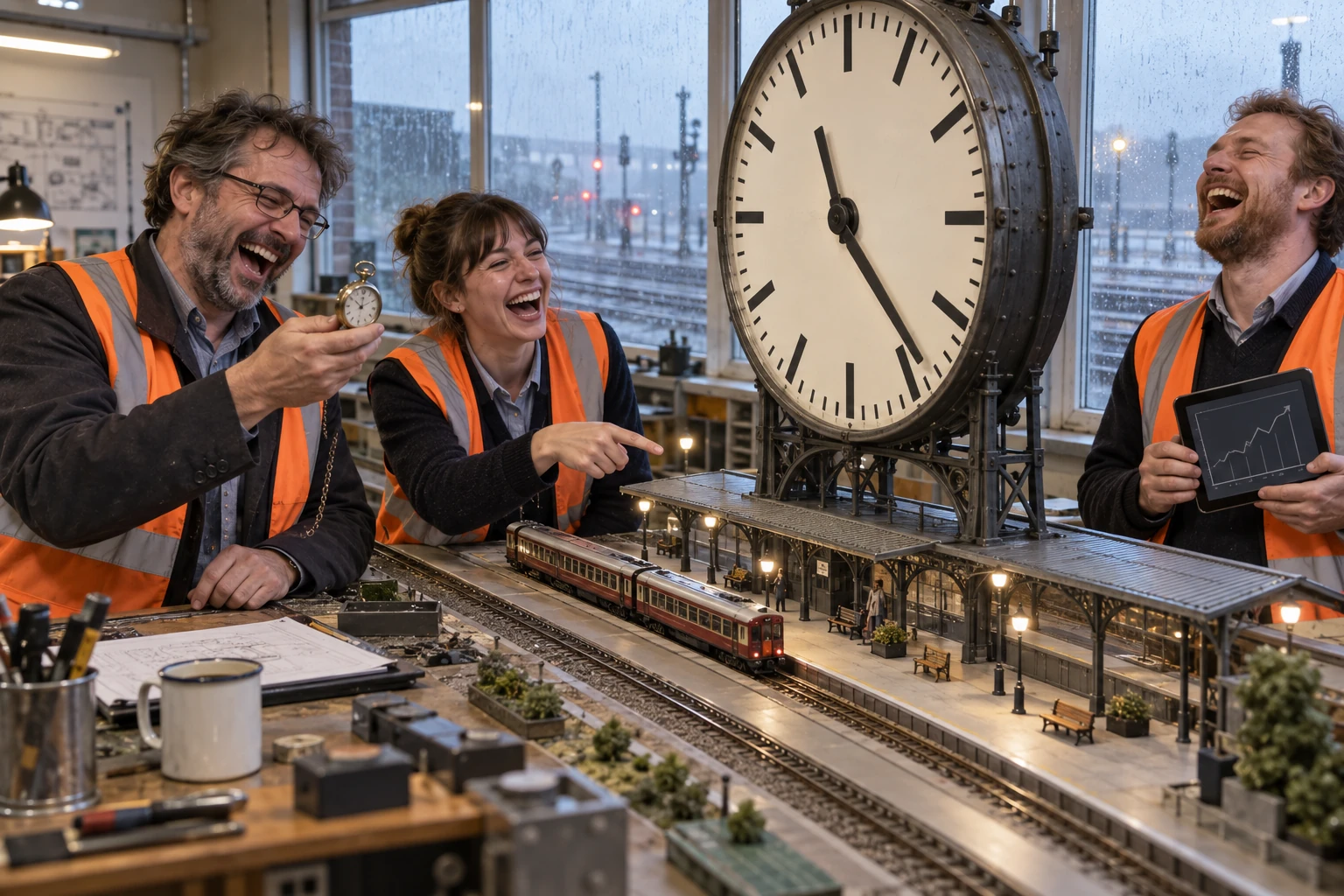 Three laughing railway researchers examine a model train beneath an enormous station clock while holding a pocket watch and tablet.