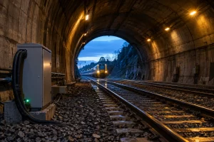 A train approaches the exit of a lit railway tunnel beside a fibre service cabinet and cable conduit.