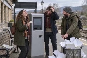 Three laughing fictional rail passengers beside an unbranded ticket machine