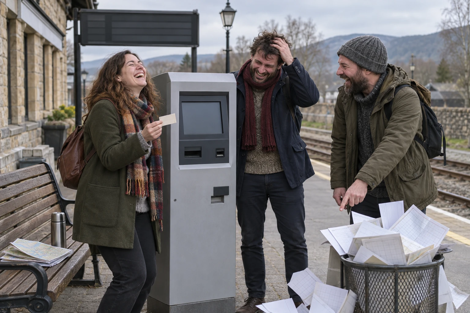 Three laughing fictional rail passengers beside an unbranded ticket machine