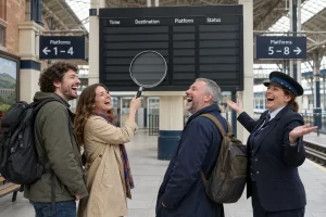 Three laughing fictional rail passengers and a laughing station announcer gather beneath an empty departure board, with an oversized magnifying glass.