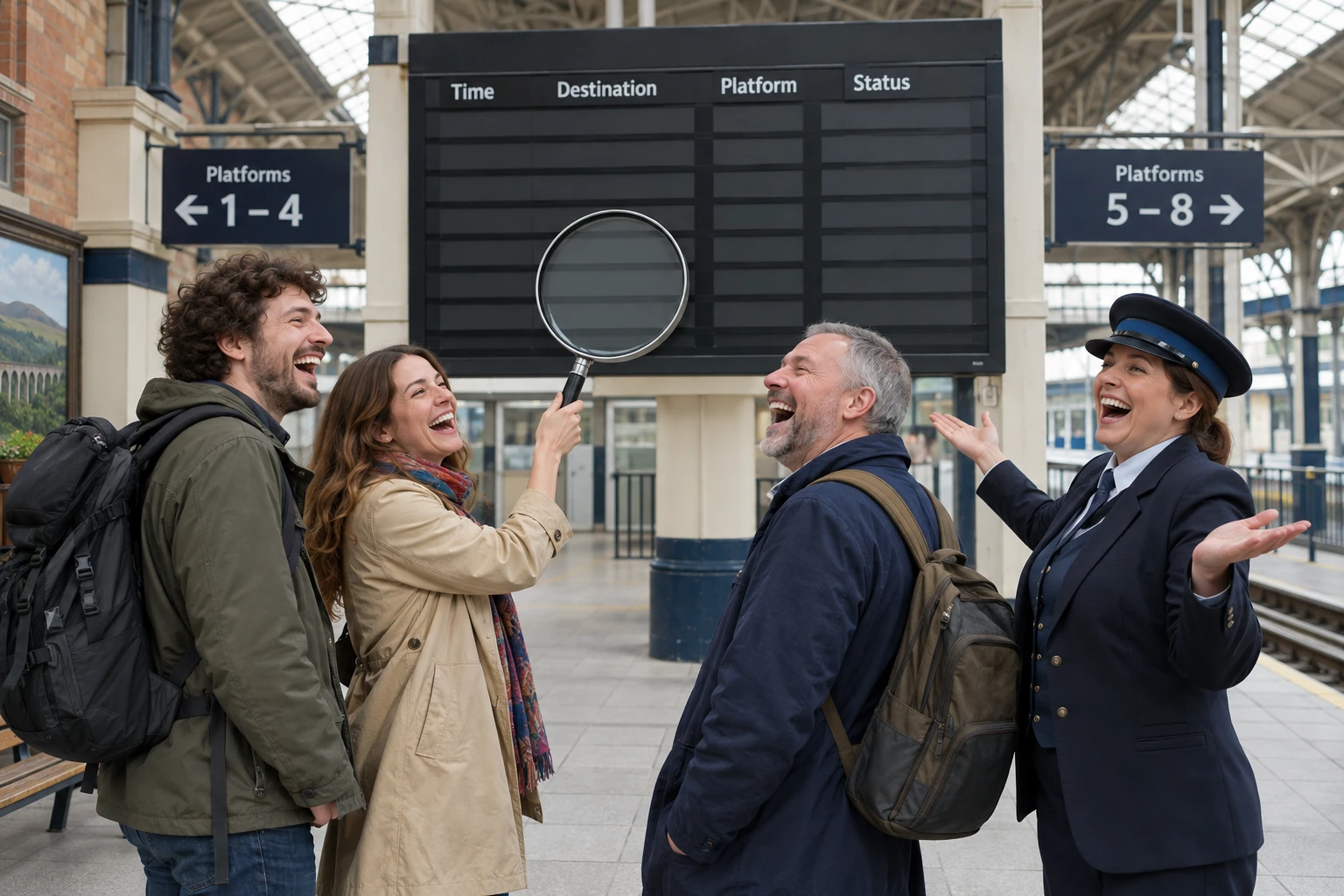 Three laughing fictional rail passengers and a laughing station announcer gather beneath an empty departure board, with an oversized magnifying glass.