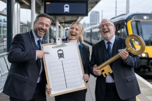 Three fictional railway managers laugh while holding a timetable clipboard and a ceremonial key.
