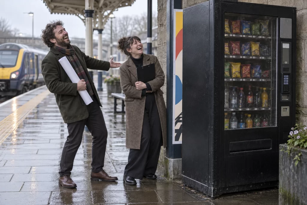 Two laughing railway designers admire a coloured poster almost hidden behind a vending machine on a wet station platform.
