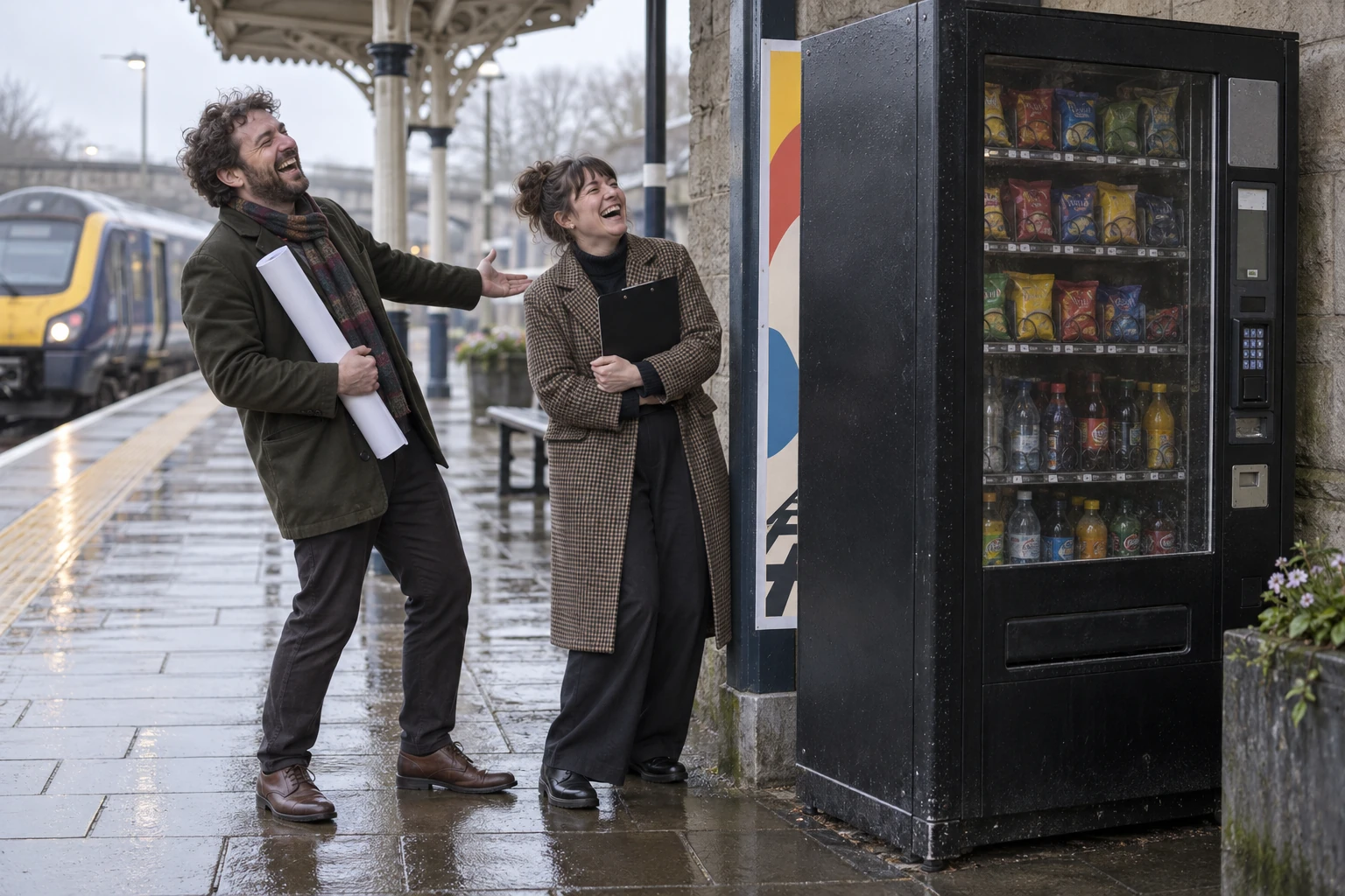 Two laughing railway designers admire a coloured poster almost hidden behind a vending machine on a wet station platform.