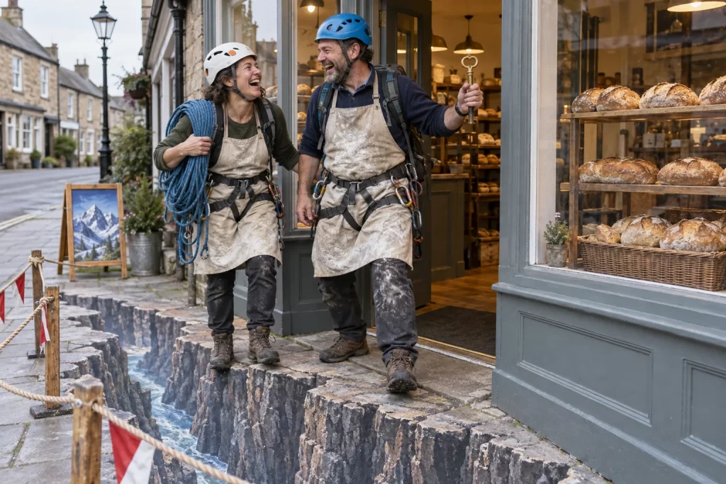 Two laughing bakery owners in climbing helmets and harnesses stand beside a painted ravine outside their shop, holding a key and rope.