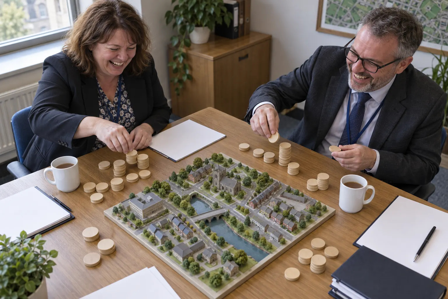 Two laughing council officers at fictional Recovery Grant determination 2026 2027 meeting