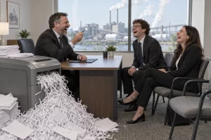 A laughing recruiter holds a tiny shortlist with tweezers opposite two laughing applicants beside an overflowing paper shredder.