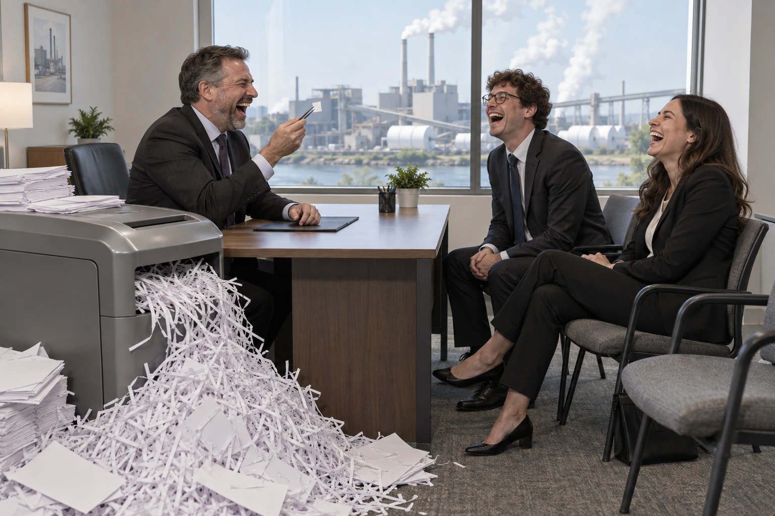 A laughing recruiter holds a tiny shortlist with tweezers opposite two laughing applicants beside an overflowing paper shredder.