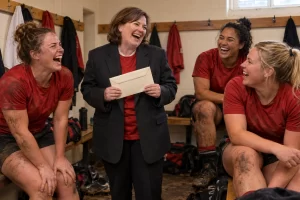 Four fictional adult women laugh in a rugby changing room as a suited official holds an envelope beside three players in red shirts.