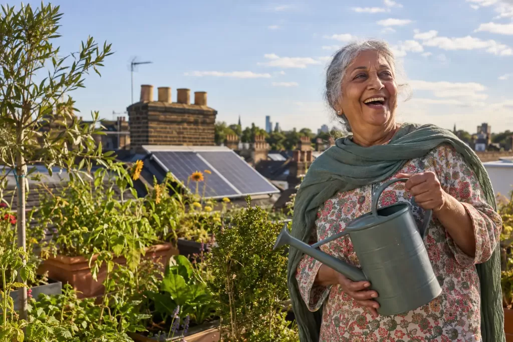 Original editorial photograph of one laughing elderly South Asian woman with an empty watering can in a sunny rooftop garden with an unbranded solar panel, with no other people