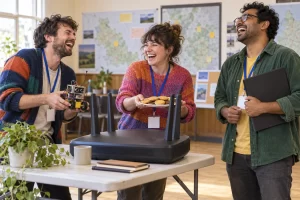 Three fictional technology founders laugh beside a tiny homemade robot, biscuits and a large plain router at a networking table.