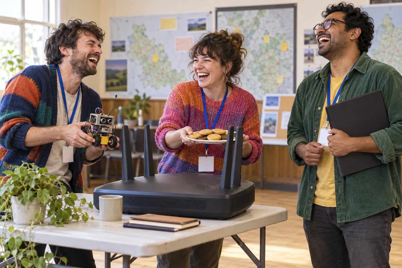 Three fictional technology founders laugh beside a tiny homemade robot, biscuits and a large plain router at a networking table.