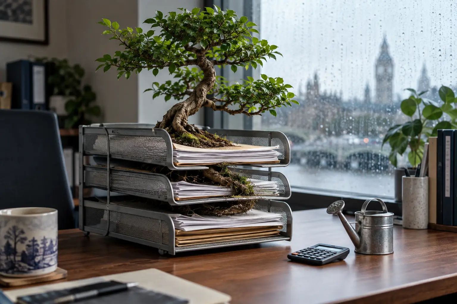 Original editorial photograph of a bonsai tree in a filing tray for regulation support growth 2026