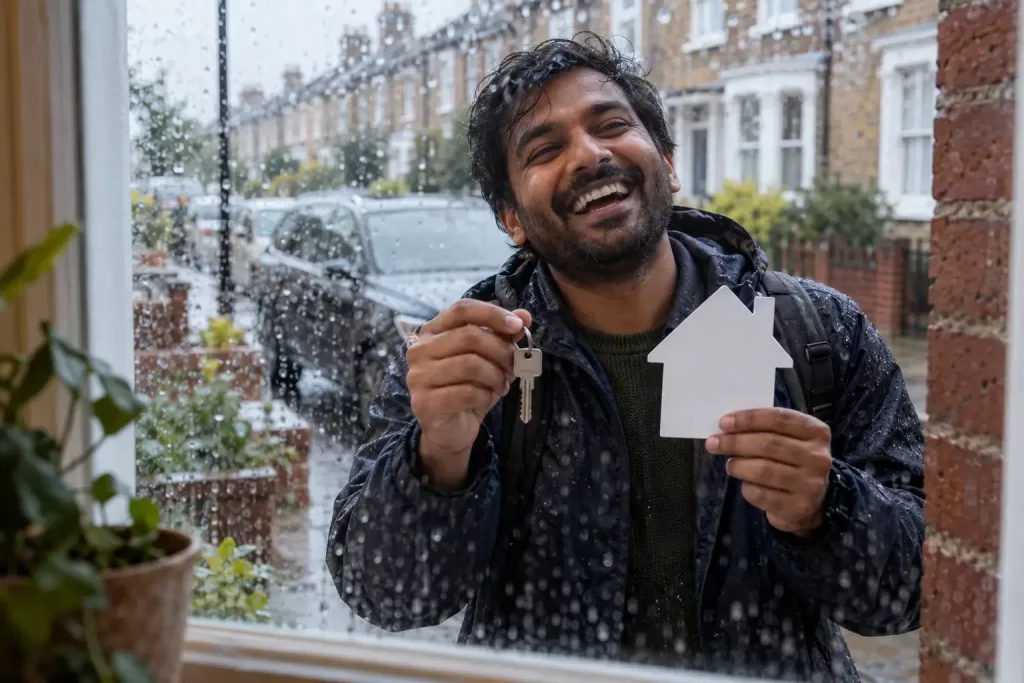 Original editorial photograph of a laughing renter holding a plain key and blank house-shaped card through a rain-speckled window, with no logos or text