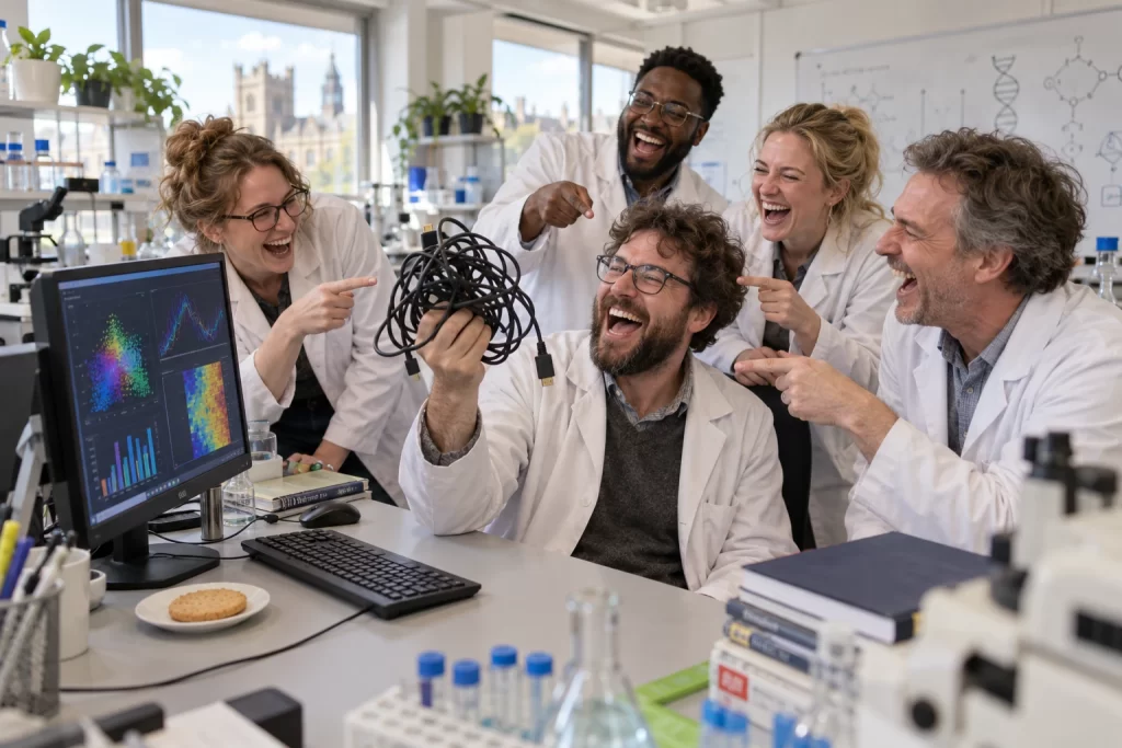 Five fictional adult British researchers visibly laughing around a workstation as one holds up a tangled projector cable in a laboratory.