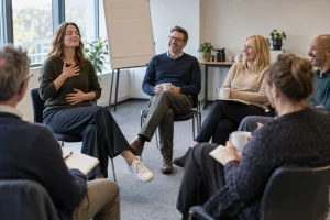 Workplace training participants laughing during a calm breathing exercise