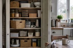 An open kitchen cupboard is filled with plain baskets organisers and household supplies.