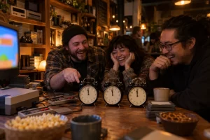 Three friends laughing in a retro gaming cafÃ© beside three matching alarm clocks