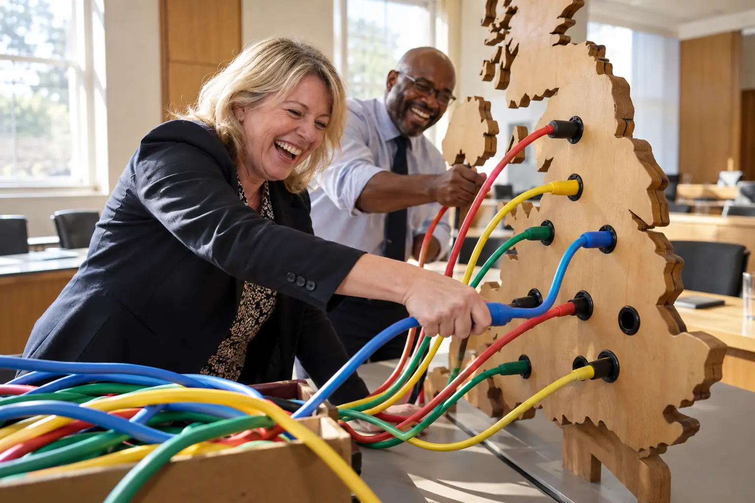 Original editorial photograph of two laughing local-government officers plugging colourful cables into a wooden UK map for the rewiring the state plan