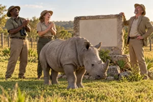 Three fictional conservation officials laugh beside a calm white rhino and an oversized blank ceremonial plaque.
