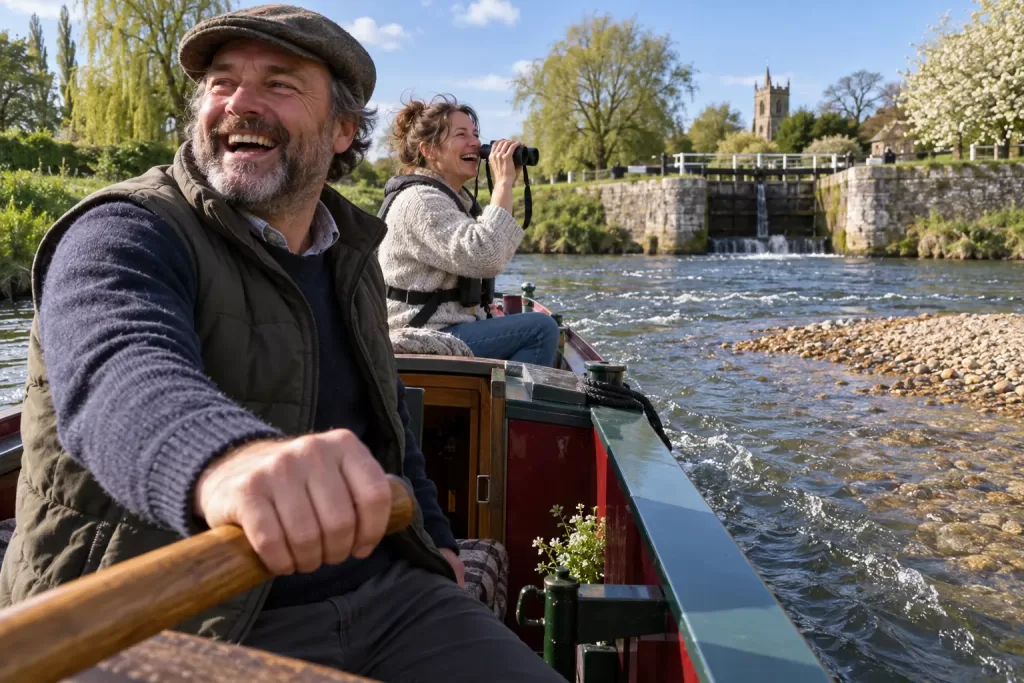 Two laughing boaters near a fictional River Thames Godstow Lock shoal 2026