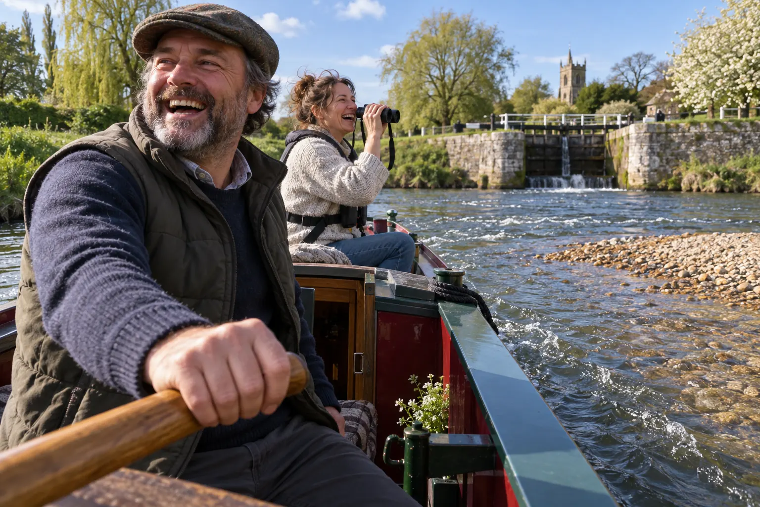 Two laughing boaters near a fictional River Thames Godstow Lock shoal 2026