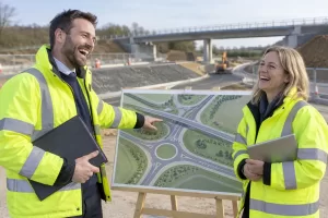 Two laughing transport planners beside a junction plan for the stalled sites road fund