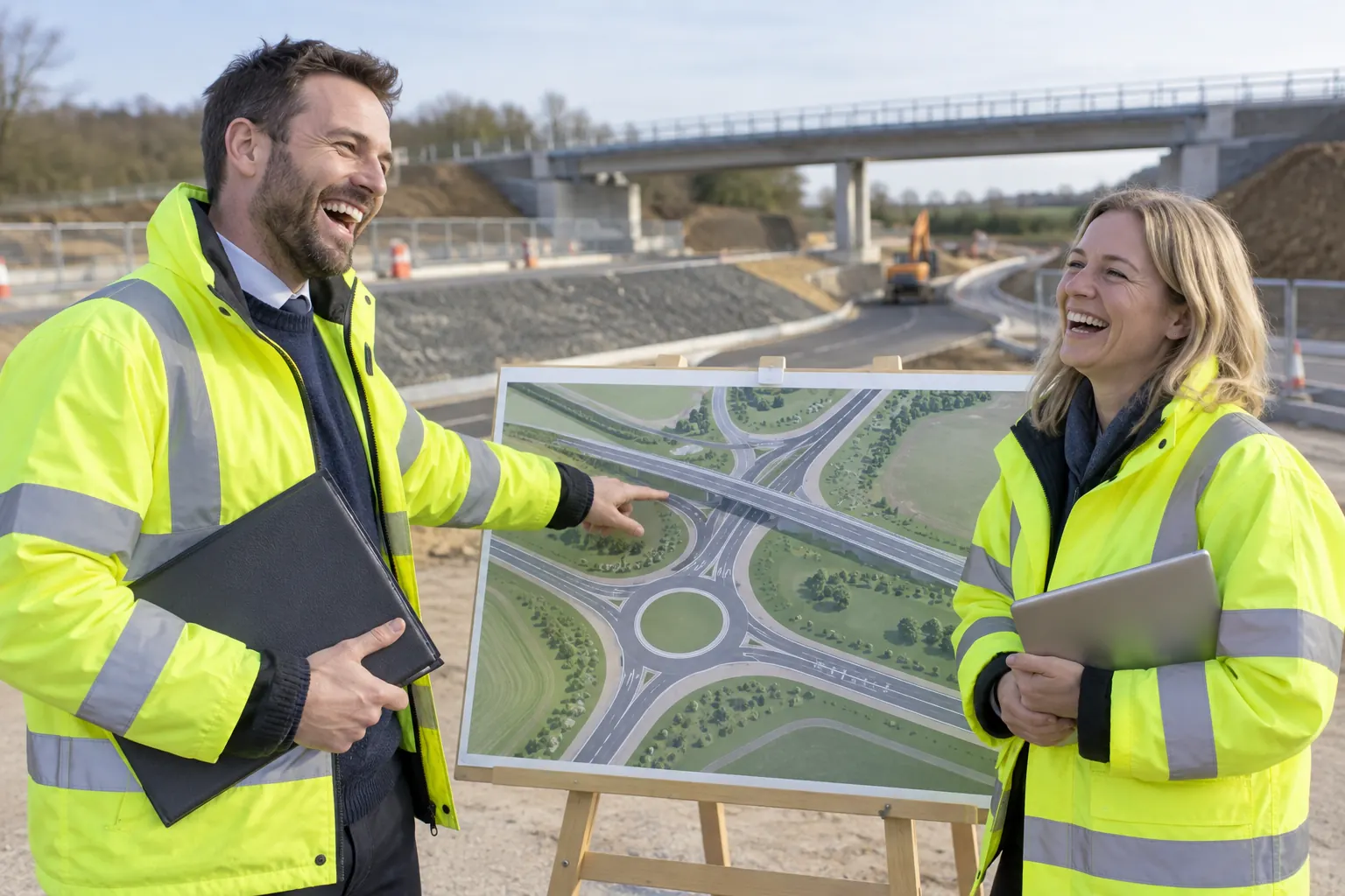 Two laughing transport planners beside a junction plan for the stalled sites road fund