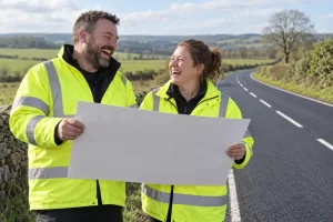 Two laughing road workers with a blank map beside a rural road for England roads investment strategy 3