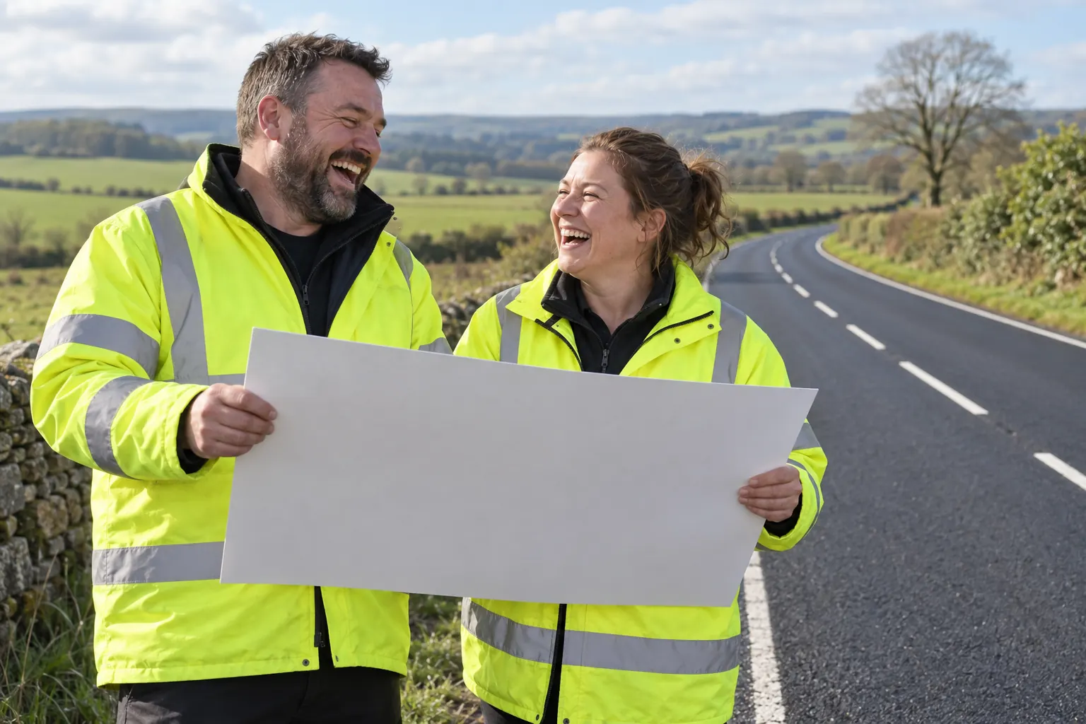 Two laughing road workers with a blank map beside a rural road for England roads investment strategy 3