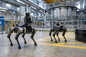 Two industrial inspection robots stand in a clean fusion research test hall.