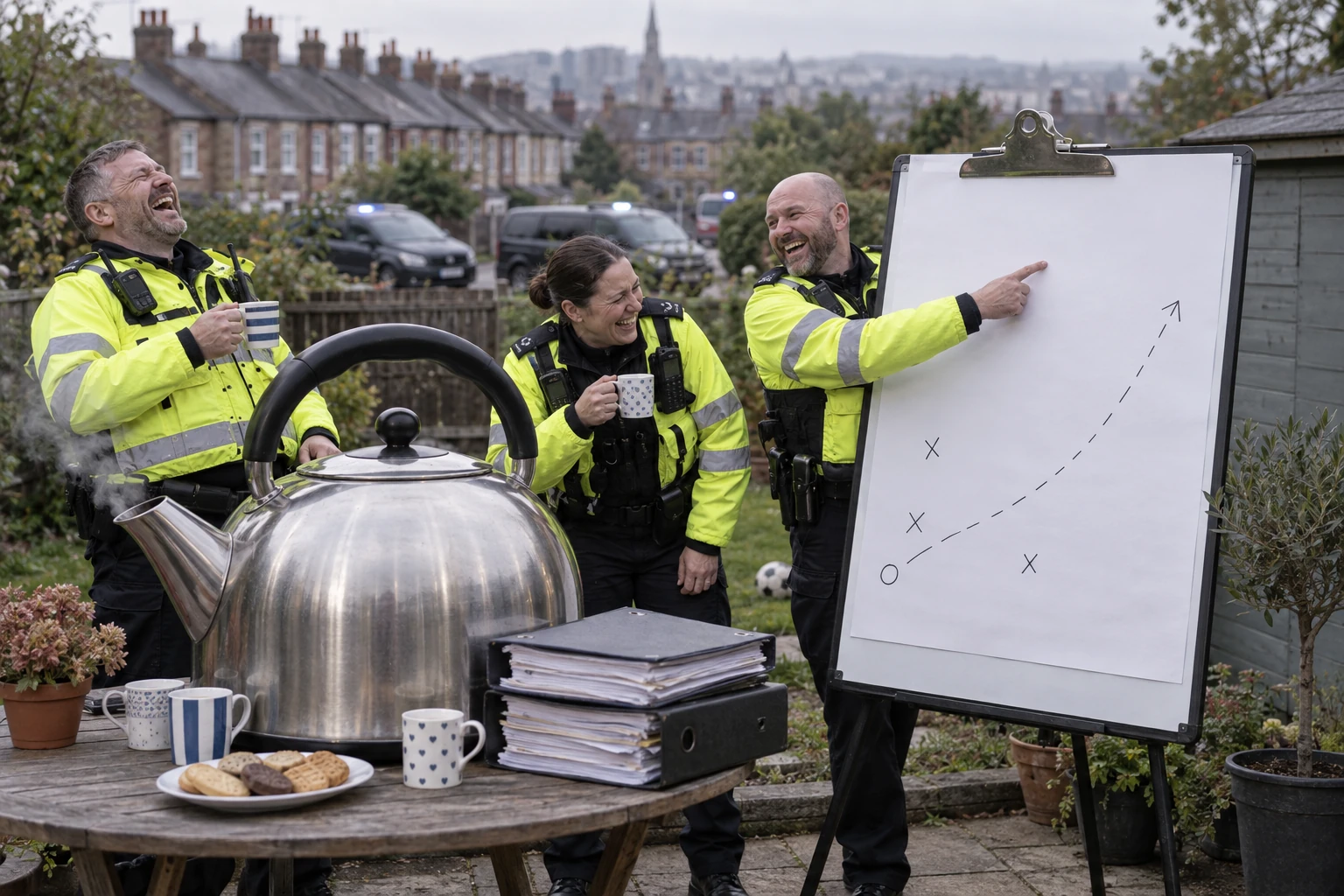 Three fictional police officers laugh around an oversized kettle and blank tactical chart in a suburban garden.
