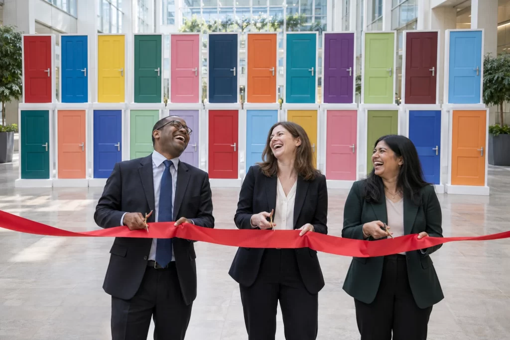 Three fictional laughing civil servants stand before twenty four colourful ceremonial doors that lead nowhere in a bright government atrium.