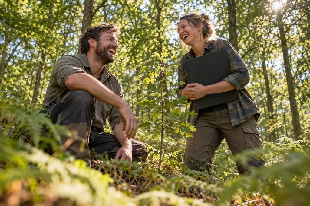 Original editorial photograph of two laughing adults in a sunny woodland holding a blank CV folder for routes into forestry careers
