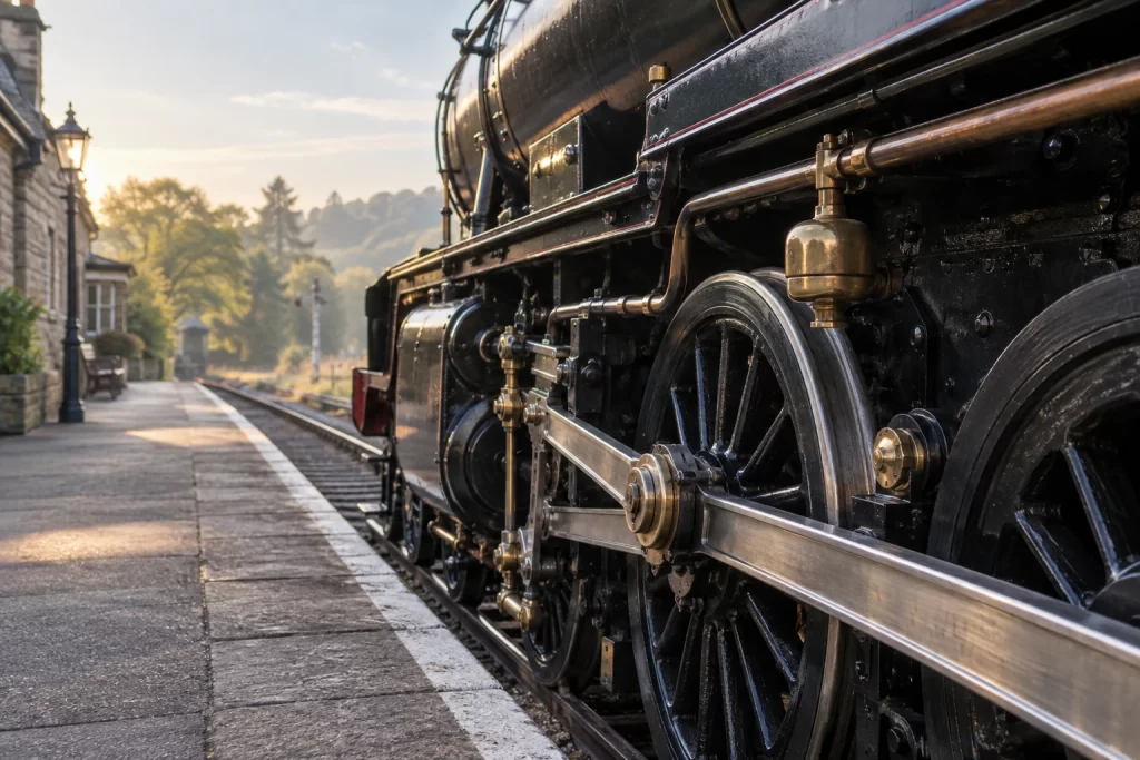 Polished rods and large wheels of a restored black steam locomotive rest beside an empty heritage platform.